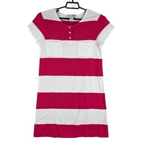 Womens Joan Vass Pink White Striped Shirt Dress Pockets Cap Sleeve Cotton 8/10
